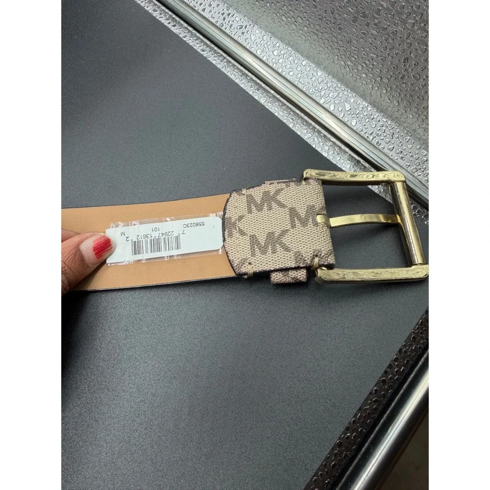 Michael Kors Mens Monogram Logo Belt Beige Brown Gold‎ Buckle 556023 Size M